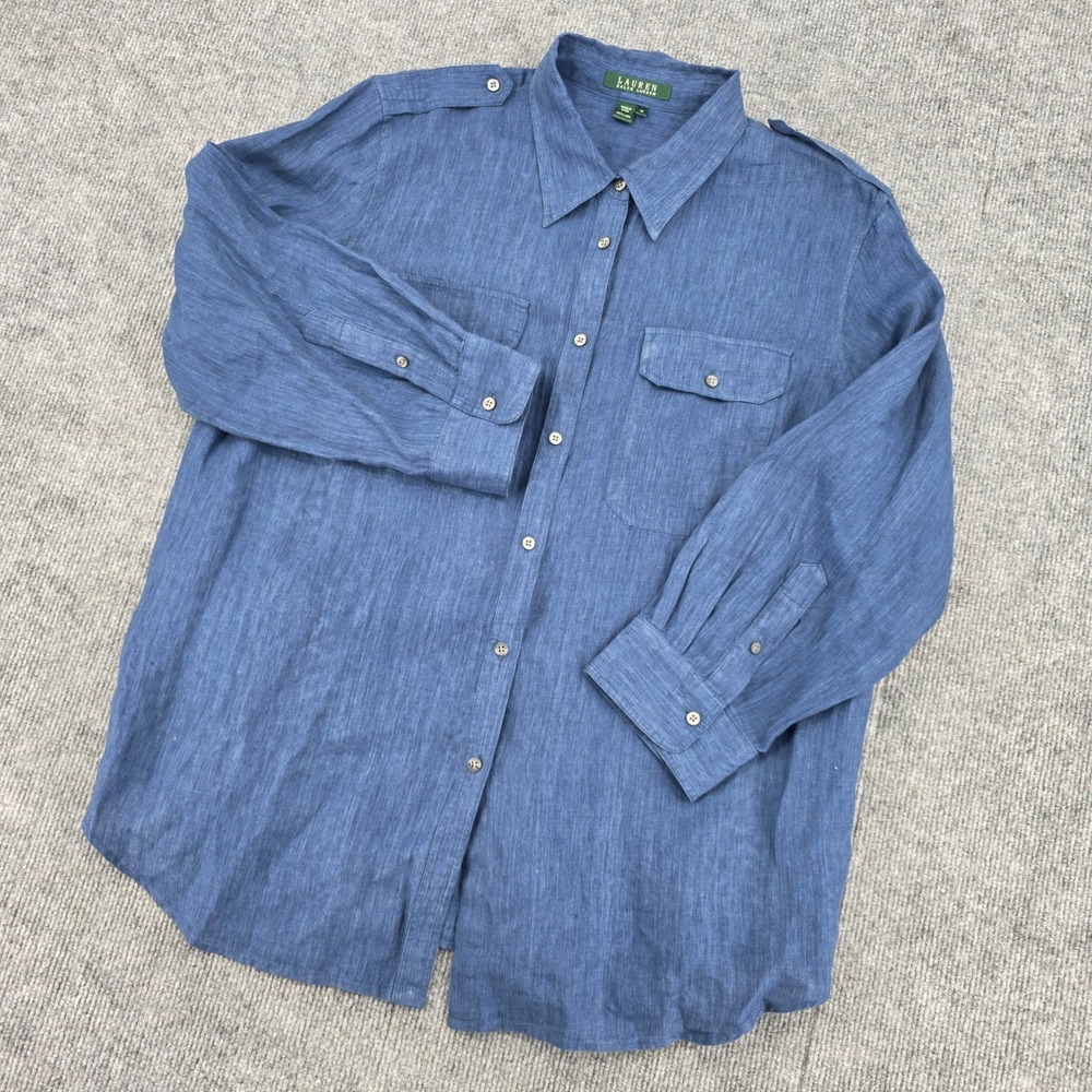Lauren Ralph Lauren Blue 100% Linen Utility Button Down Shirt Epaulettes 1X